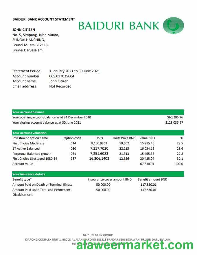 Brunei Baiduri bank statement easy to fill template in Excel and PDF format (AutoSum)